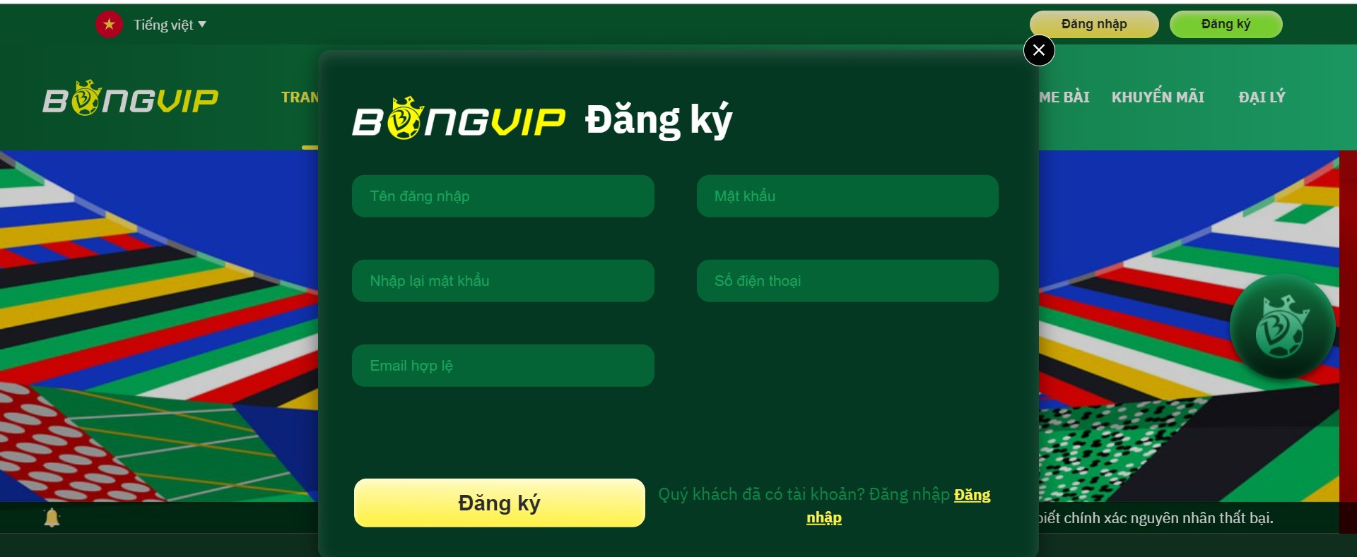 Người chơi điền đầy đủ thông tin để thực hiện đăng ký tài khoản Bongvip trên máy tính