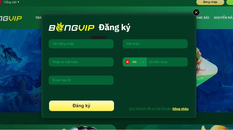 Biểu mẫu đăng ký chơi game Bắn cá Bongvip